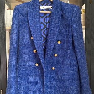 Zara klein Blue Tweed Jacket with Decorative Buttons